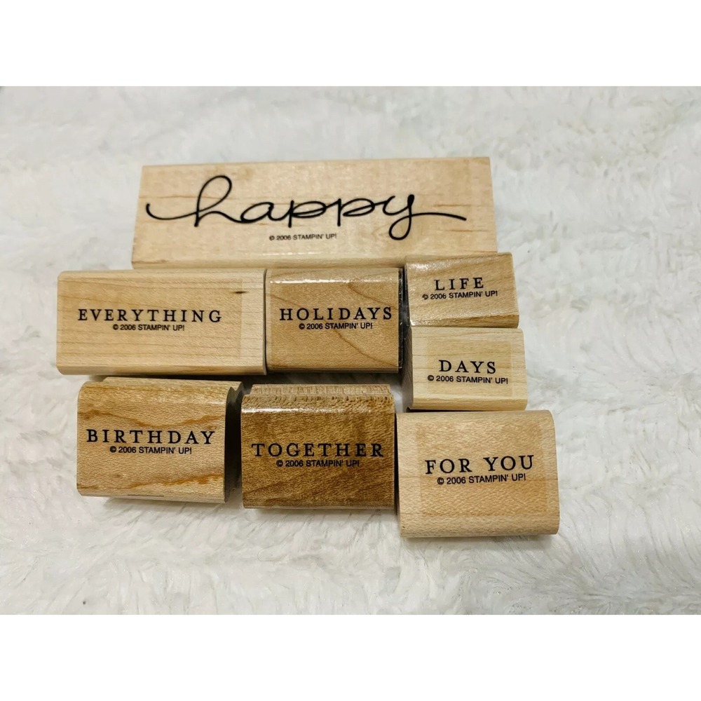 Stampin Up! Happy Everything Wood Rubber Stamp Set of 8 – Holidays & Everyday